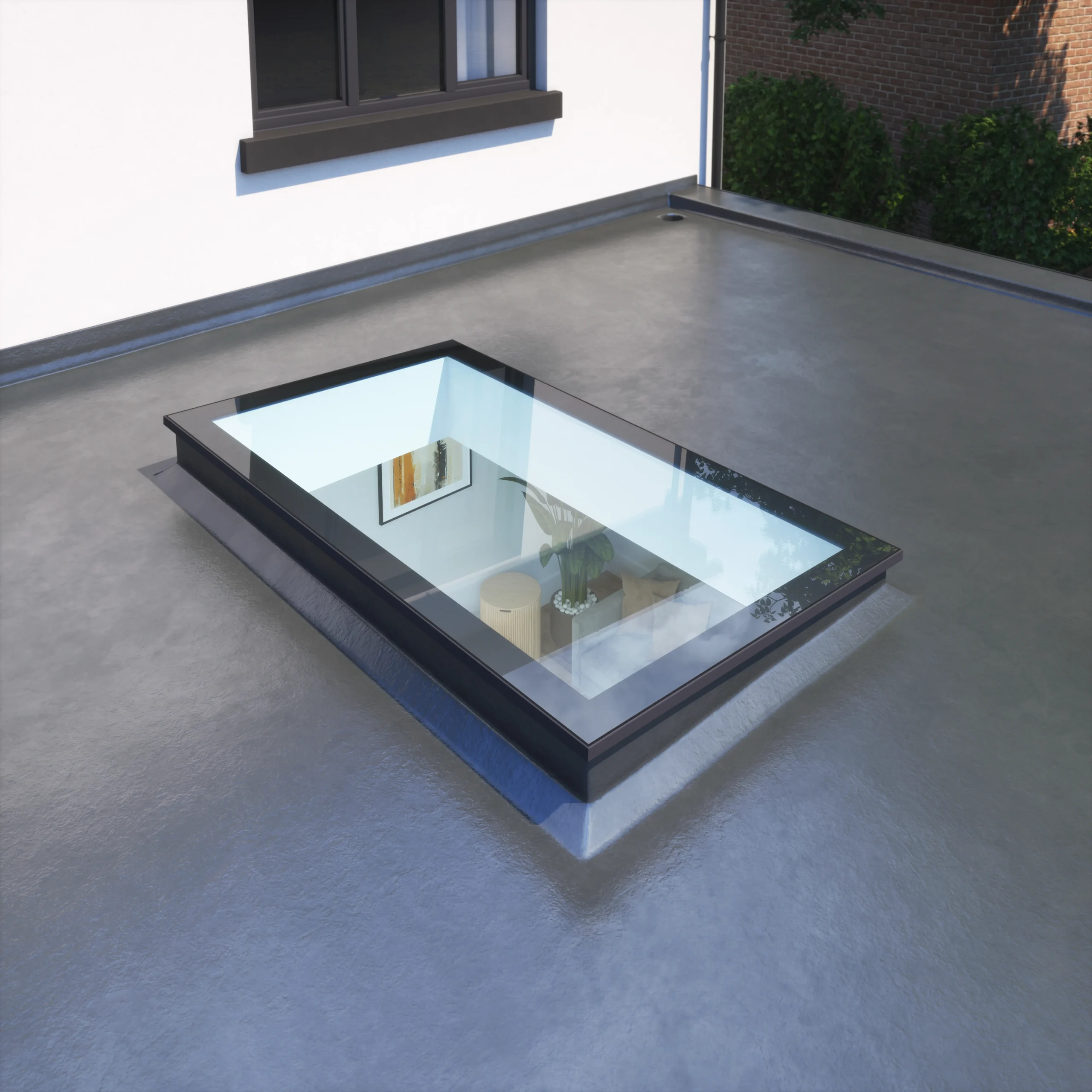 Vlakglasraam in platdak